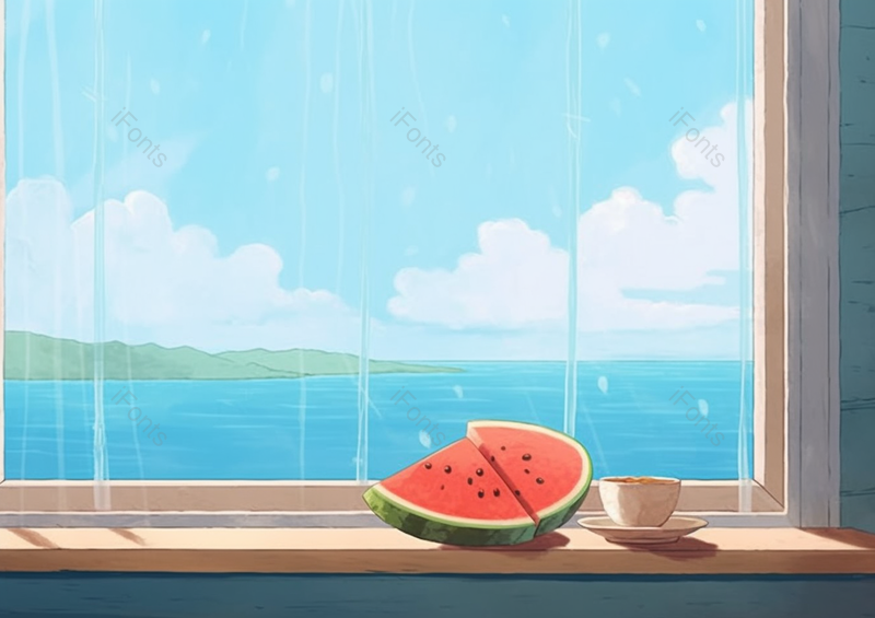 别墅海景窗台前的西瓜,插画/手绘图,插画/手绘图库,插画/手绘图下载,插画/手绘